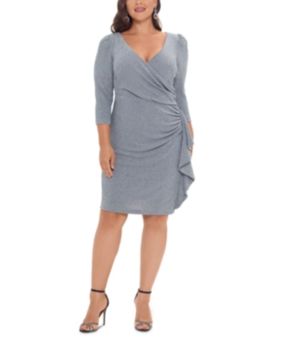 Betsy & Adam Silver Gray Cocktail Dress Metallic Long Sleeve Sheath Size 18W